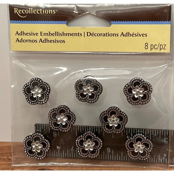Recollections STICKER Embellishments 16 Pc Set FLORAL DIAMOND GEM BLACK SILVER - Picture 4 of 6